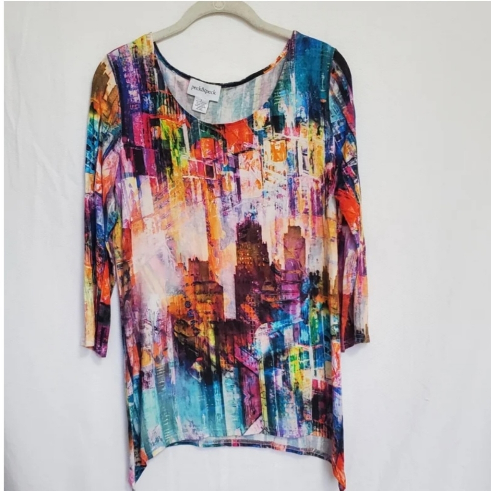 Peck & Peck Multi Color Abstract Watercolor Print Longsleeve Top Large